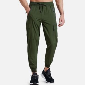 Libin Unisex Cargo Pants w Tapered Ankle, Zip Pockets & Tie Waist, Green, Large